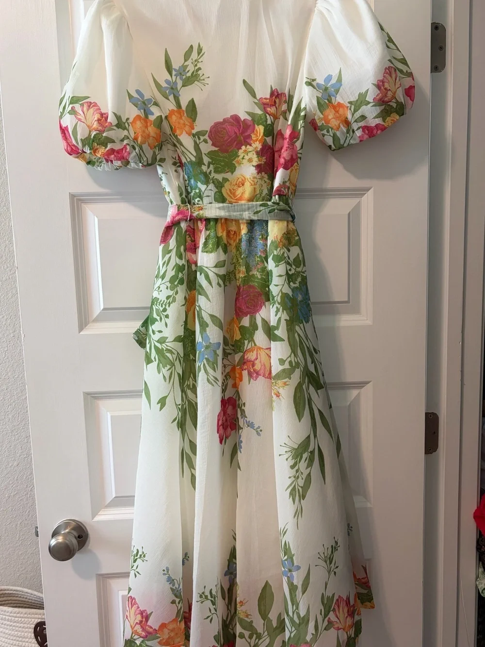 Flying Tomato Midi Floral Tie-Waist Dress in Cream and Green with Bell Sleeves - Picture 14 of 16